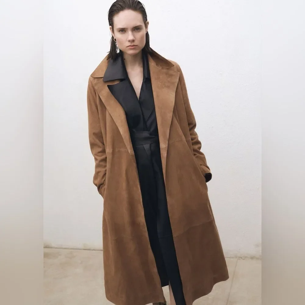 Mango 100% Genuine Suede Trench Coat New - Picture 9 of 9